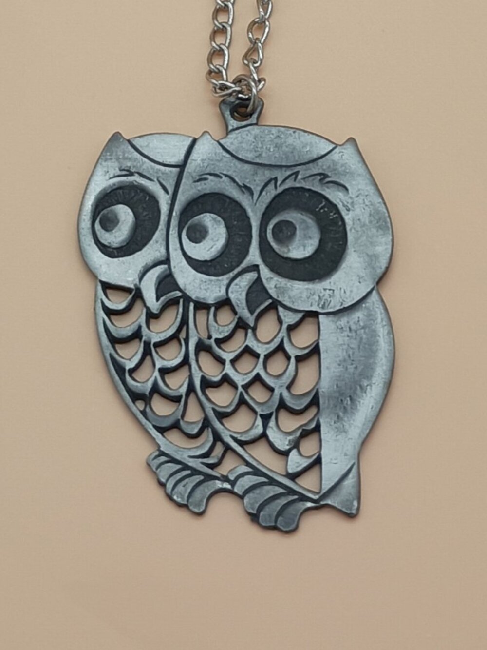 Vintage Pewter Double Owl Necklace 24" 1970s